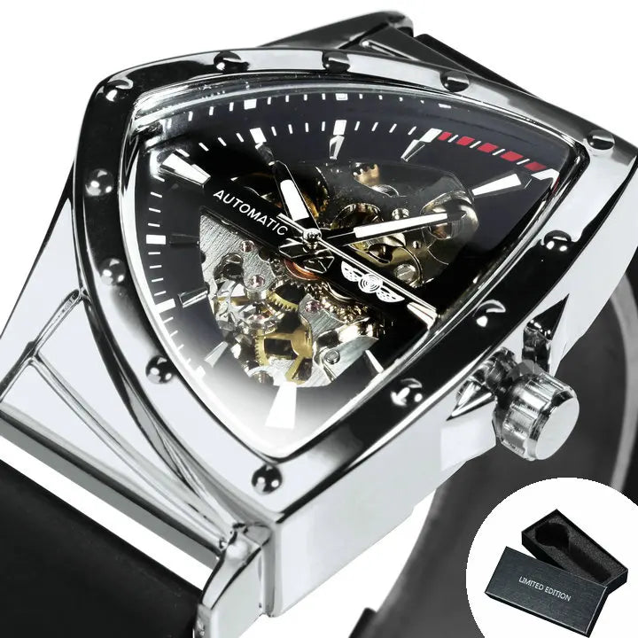 Reloj automático para hombre WINNER, diseño esqueleto triangular, agujas luminiscentes, correa de caucho, estilo militar, reloj mecánico de lujo