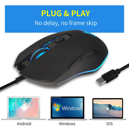 Ratón luminoso de colores con silencio USB-C para portátil Type-C, ratón gaming