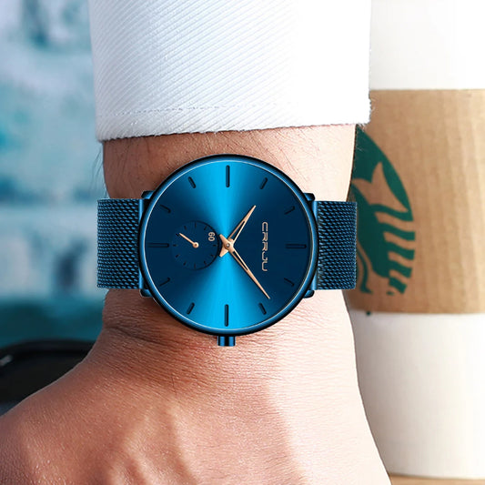 Reloj para hombre CRRJU – Modelo azul, estilo minimalista y ultradelgado, reloj de cuarzo de marca de lujo, resistente al agua, ideal para el uso diario.