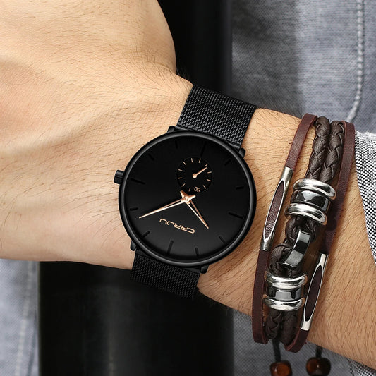 Reloj para hombre CRRJU: reloj de cuarzo de lujo, de estilo informal, fino, con correa de malla de acero, resistente al agua y deportivo.