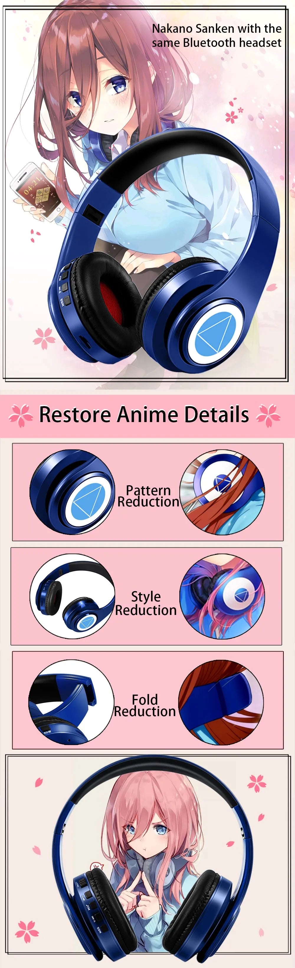 Miku Nakano Sanjiu Cosplay Bluetooth Headset 5.0 Over-ear Stereo Anime Headphones  for Mobile Phone
