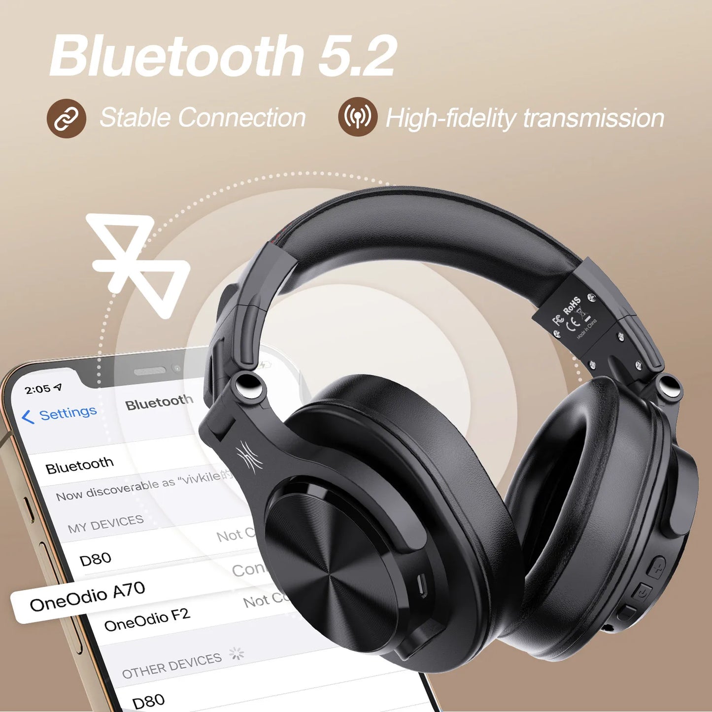 Oneodio Fusion A70 Wired + Wireless Bluetooth 5.2 Headphones For Phone With Mic Over Ear Studio DJ Headphone Recording Headset