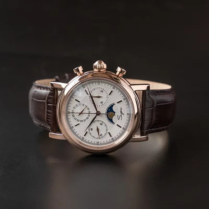 Original Movement ST1908 Sugess Men Mechanical Calendar Watch Chronograph Vintage Moonphase Wristwatches Waterproof