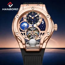 HANBORO Rose Gold Starry Sky Hollow Flywheel Moon Phase Automatic Mechanical Watch Luxury Space Theme Sports Watch 980
