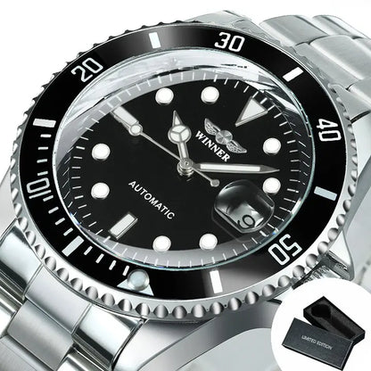 Reloj mecánico clásico para hombre: marca de lujo, estilo profesional, movimiento automático, bisel giratorio, esfera luminiscente, correa de acero