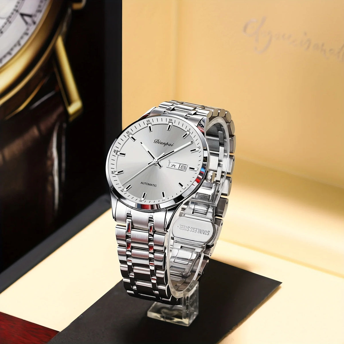 Montre mécanique automatique pour homme Dianpai – Modèle de luxe, affichage luminescent, design classique et épuré, en acier inoxydable, étanche, avec calendrier et indication du jour de la semaine