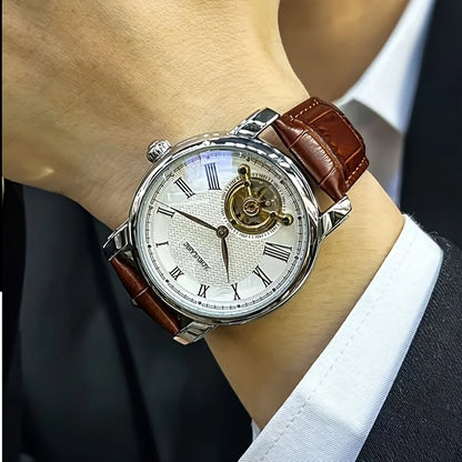 Reloj mecánico automático para hombre: elegante diseño calado, estilo «business casual» de moda, caja de aleación y correa de piel, sin pila