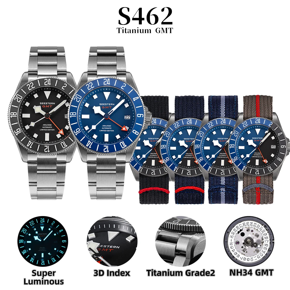 SEESTERN Titanium Diver Men of Watch GMT Automatic Mechanical Wristwatch NH34 Movement Sapphire Crystal 200M Waterproof Lume New
