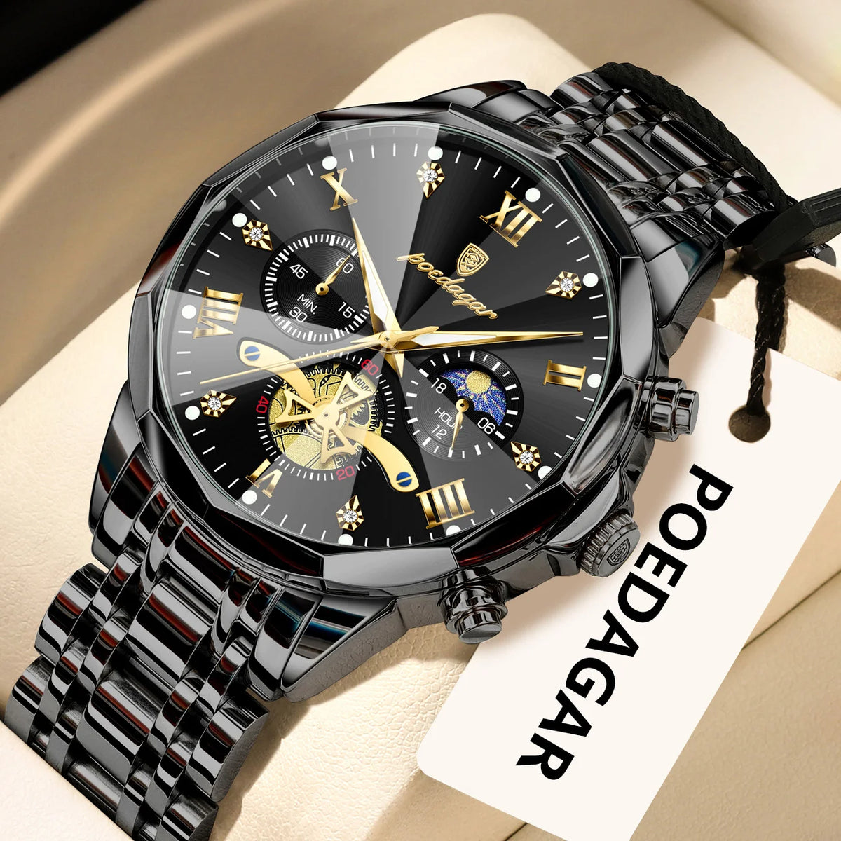 Montre homme POEDAGAR de luxe originale, étanche, chronographe lumineux, montre-bracelet en acier inoxydable à quartz, montres haut de gamme pour hommes