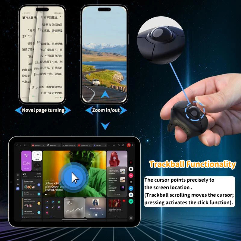 New Trackball Finger Ring Mouse 2.4G+Bluetooth Wireless Remote Control Mice For Short Video/PPT Speech/In-Vehicle Display Screen