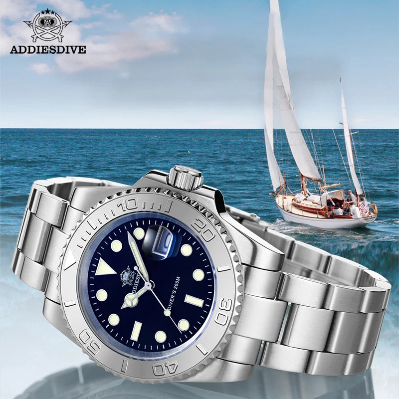 ADDIESDIVE Men's Quartz Watch 200m Waterproof Ceramic Bezel Steel Watch Magnifying Mirror Glass BGW9 Blue Luminous Diving Watch