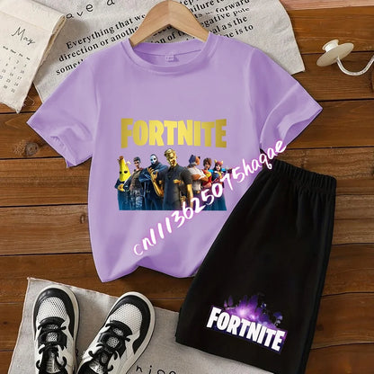 Sommerliches Fortnite-Kinder-Set: T-Shirt und Shorts, 2-teilig, Anime-Design, kurzärmelig, aus Baumwolle, lässige Sportbekleidung, Geschenkidee