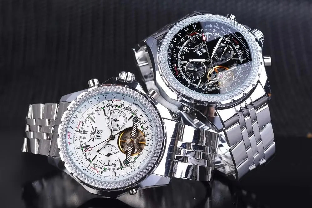 Montre mécanique automatique rétro de luxe JARAGAR 034, tourbillon, squelette creux, acier inoxydable, calendrier de la semaine, montre pour homme