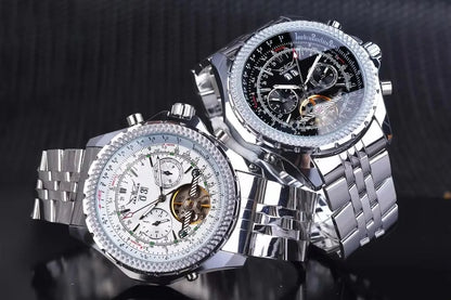 Montre mécanique automatique rétro de luxe JARAGAR 034, tourbillon, squelette creux, acier inoxydable, calendrier de la semaine, montre pour homme