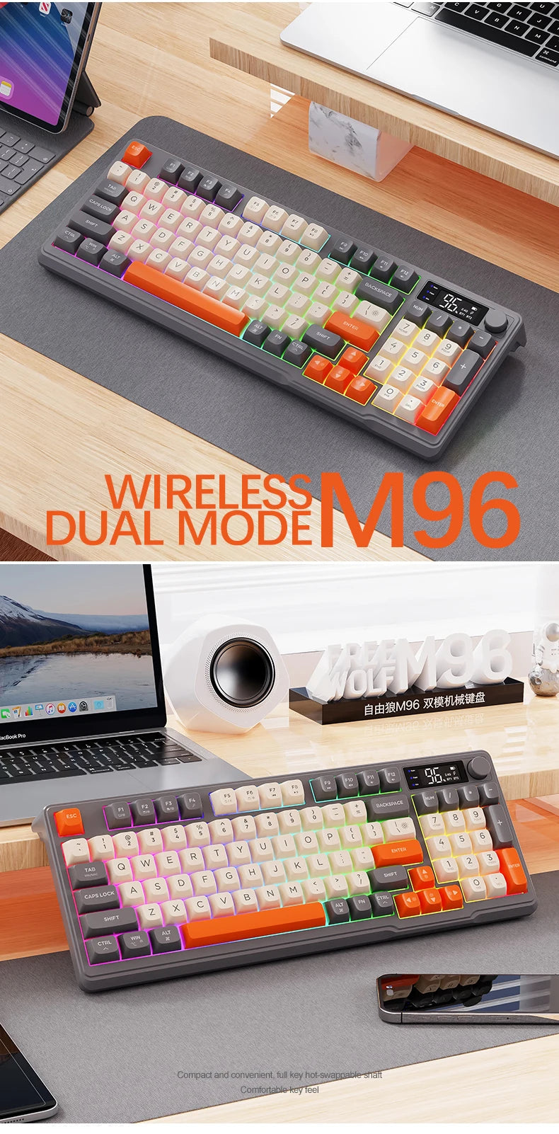 M96 Bluetooth Keyboard Wireless FREEWOLF Screen Gaming Keyboard,Electronic Screen, Multi-Device Connection,Ergonomics Gaming