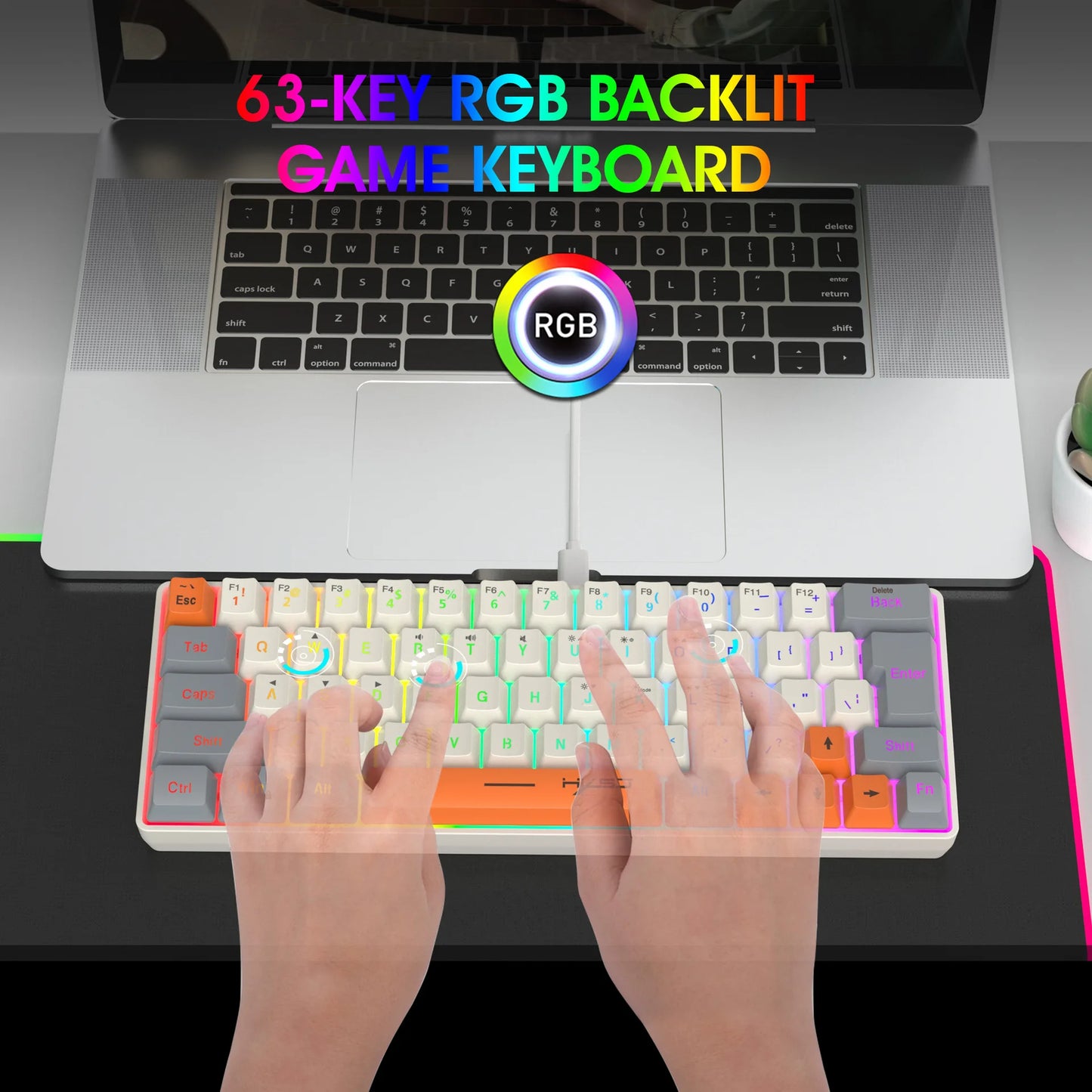 Keyboard RGB USB wired 63 keys gaming gamer compact  mini pc keyboards for trips,office,games business key board (Grey&Orange)