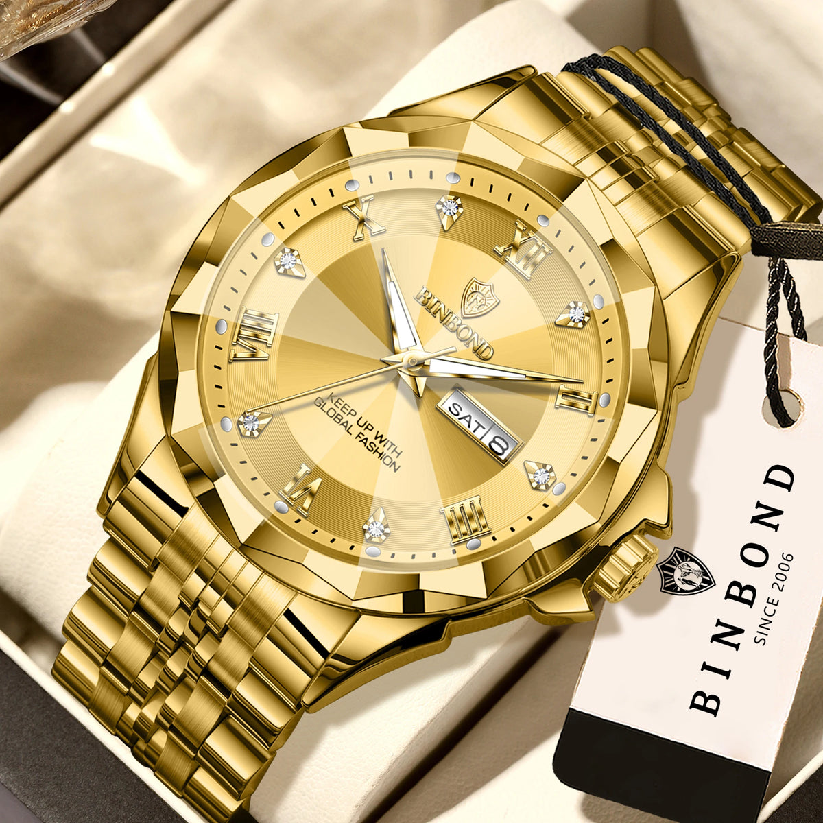 Reloj de cuarzo para hombre BINBOND: reloj de pulsera de lujo, luminiscente y resistente al agua, con indicador del día de la semana y fecha automática.