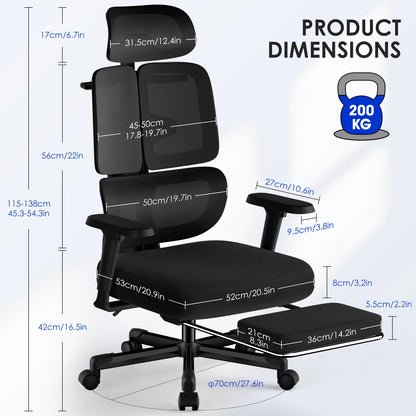 AUTHMIC Premium Ergonomic Office Chair with 6D Adjustable Armrests,3D Headrest,3-Zone Backrest,200kg Capacity,Reclining 90°-160°