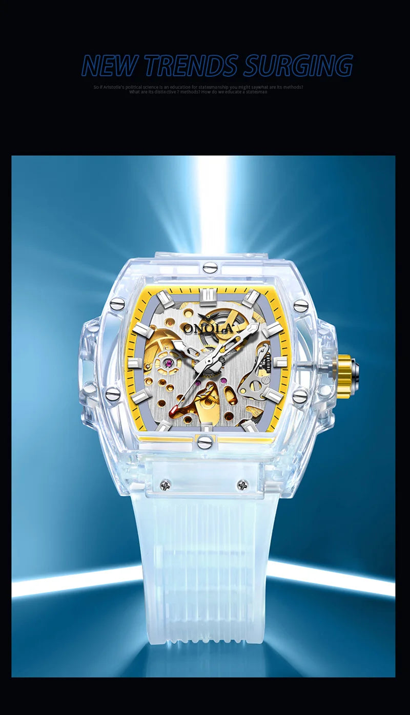 Luxury men's watch onola plastic transparent hollow full automatic mechanical watches men waterproof clock