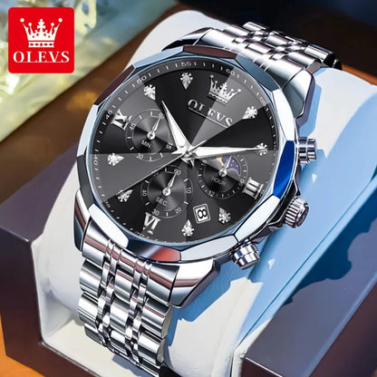 Montre homme OLEVS 3670, élégante, à phase de lune, à quartz, étanche, lumineuse, automatique, date, en acier inoxydable