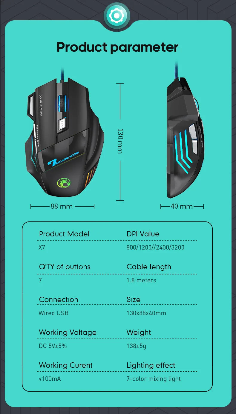 Ergonomic Wired Gaming Mouse 7 Buttons LED 3200 DPI USB Computer Gamer Mouse iMICE X7 Gaming Mouse and mouse pads For PC Laptop