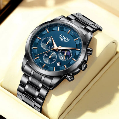 Reloj para hombre LIGE: cronógrafo de cuarzo de lujo, resistente al agua (3 bares), con agujas luminiscentes