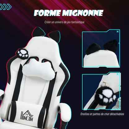 Cute Cat Shaped Gaming Chair with Removable Cat Ears and Paws,Retractable Footrest, Lumbar Head Support, 360° Swivel Gamer Chair