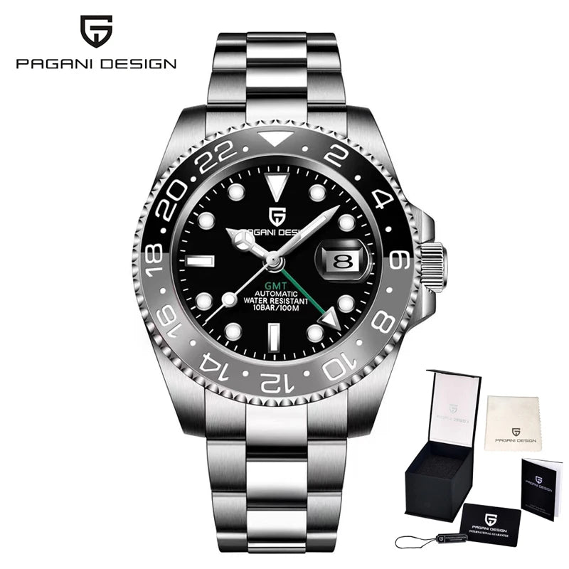 Montre mécanique pour homme Pagani Design GMT – Modèle de luxe avec verre saphir, boîtier en acier inoxydable et lunette en céramique – Montre automatique pour homme, style professionnel