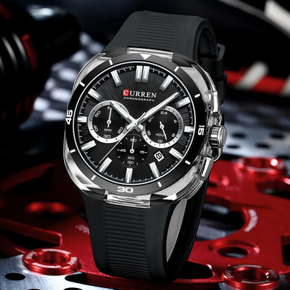 Reloj para hombre CURREN: nuevo modelo de lujo con mecanismo de cuarzo, correa de silicona, estilo deportivo, multifunción, resistente al agua, luminiscente, con indicador de fecha y cronómetro.