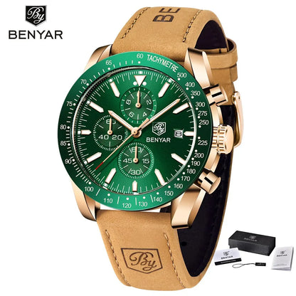 Relojes de lujo para hombre BENYAR: relojes de pulsera de cuarzo con correa de piel, resistentes al agua hasta 30 m, estilo deportivo.