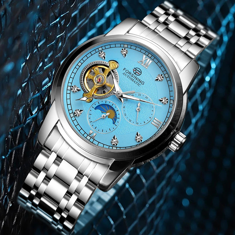 Montre mécanique automatique pour homme Forsining – Style luxe, business et mode, bracelet en métal, tourbillon, aiguilles luminescentes, ornée de diamants artificiels