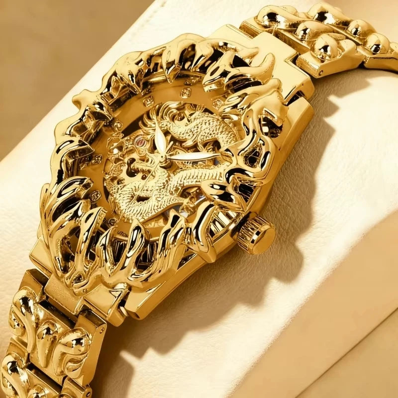 A men's yellow and black retro style classical irregular dragon patterned tourbillon mechanical watch