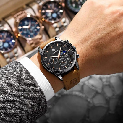 Montre-bracelet de luxe élégante pour homme POEDAGAR, étanche, chronographe, date lumineuse, bracelet en cuir, mouvement à quartz, montre de sport pour homme
