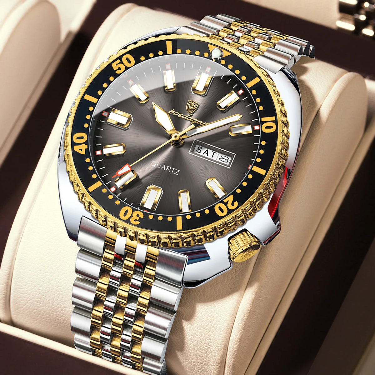 Montre homme POEDAGAR de luxe, style business, avec date et jour de la semaine, étanche et lumineuse, en acier inoxydable et à quartz.