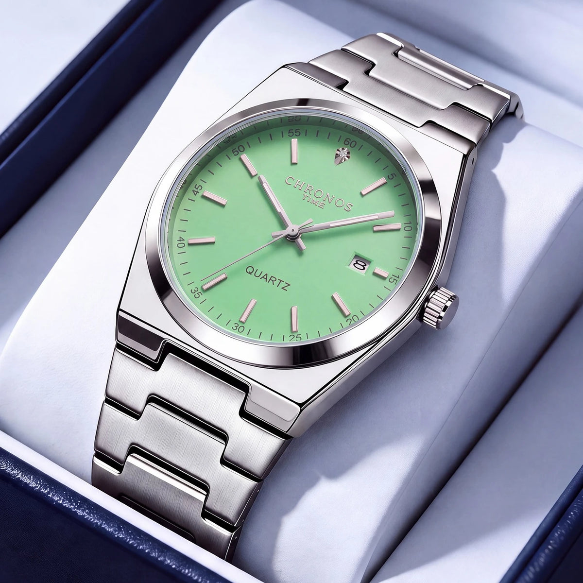 Montre à quartz pour homme CHRONOS – Bracelet en acier inoxydable, étanche, aiguilles luminescentes, affichage de la date – Idéale pour le travail, le sport ou au quotidien