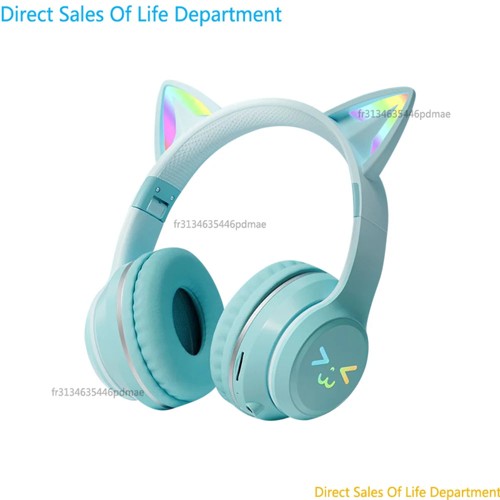 RGB Cat Ear Wireless Bluetooth Headphones for Kids & Girls – LED Light Stereo Gaming Headset with Microphone