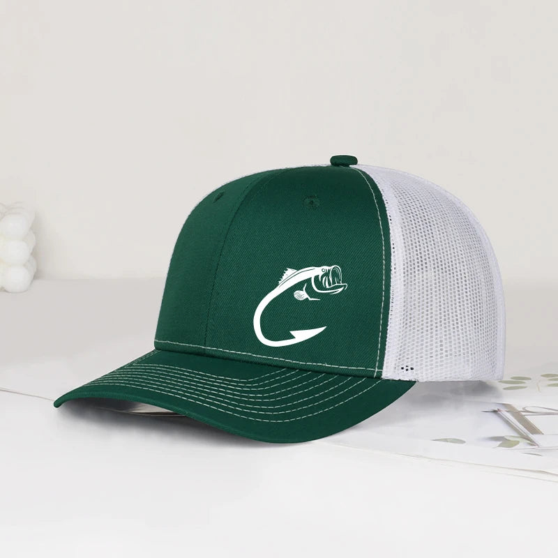Trucker-Cap mit Bass-Fischhaken-Print, verstellbar, Unisex, Mesh, für Angelfans, Sonnenhut