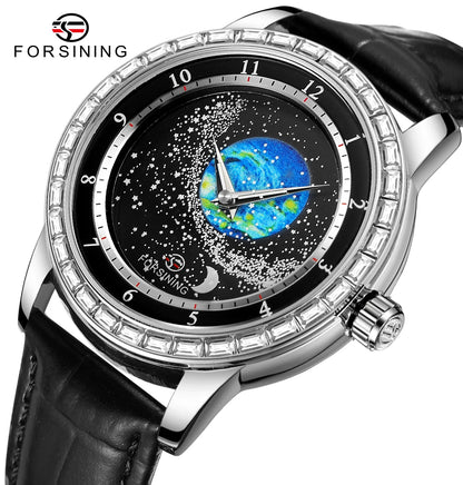 2026 FORSINING Design Earth Star Moon Set With Diamonds Genuine Belt Men Mechanical Automatic Watch Waterproof For Business