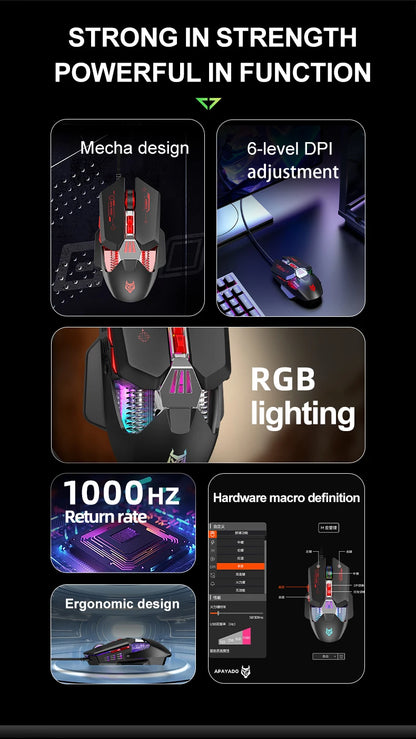1K Hz Gaming Mouse Wired APAYADO T4 RGB Mouse with Ultra-light Cord 60IPS,12800DPI for Laptop/Computer