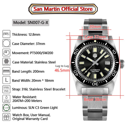 San Martin New 62mas 37mm Diver Mens Watch Classic Luxury Sapphire PT5000 SW200 Automatic Mechanical Watches Date 20Bar Luminous
