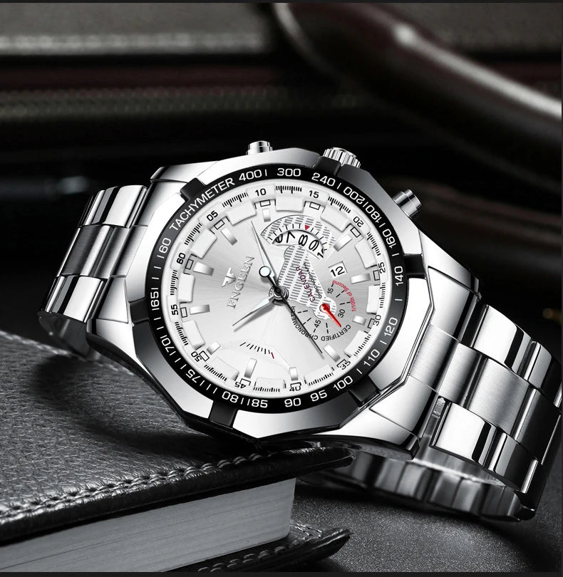 Reloj de pulsera de cuarzo de lujo BINBOND para hombre, luminiscente, resistente al agua, con fecha automática, de acero inoxidable