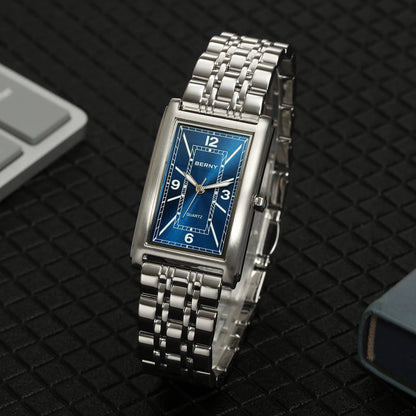 Reloj cuadrado para hombre BERNY – Movimiento de cuarzo, esfera con números romanos, indicación luminiscente, caja de acero inoxidable 316L – Reloj rectangular elegante y desenfadado