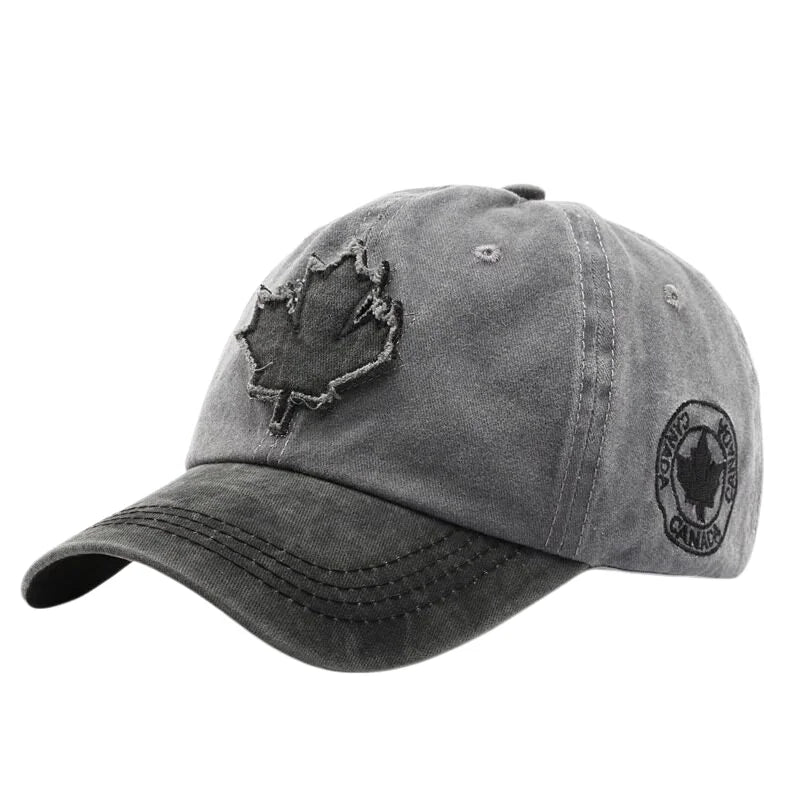 Casual Washed Denim Look Maple Leaf Patch Cap Adjustable Two Tone Outdoor Sport Baseball Hat for Daily Wear