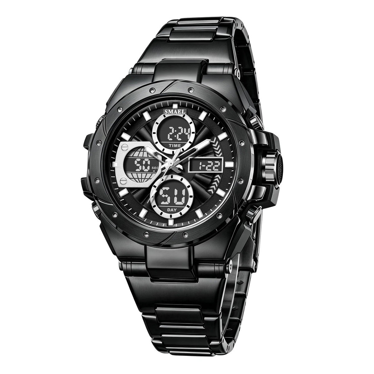 Reloj para hombre SMAEL 8160 – Modelo deportivo militar, analógico y digital, de acero inoxidable – Resistente al agua, con pantalla LED, alarma, cronógrafo y cronómetro