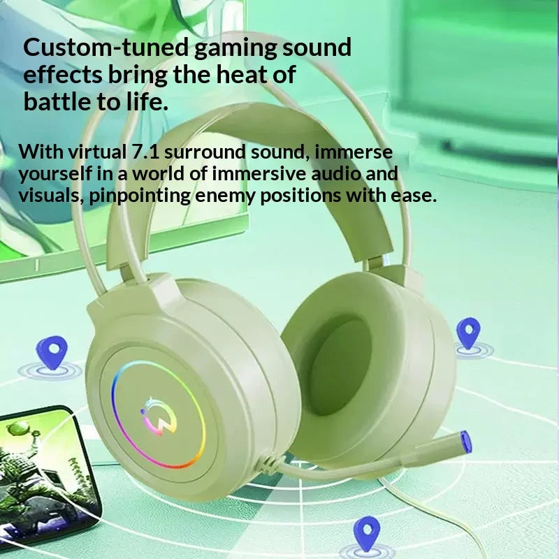 Casque de jeu filaire Paw Hunter T9 avec microphone et éclairage RGB, son surround virtuel 7.1, casque supra-auriculaire pour PC, ordinateur portable et jeux.