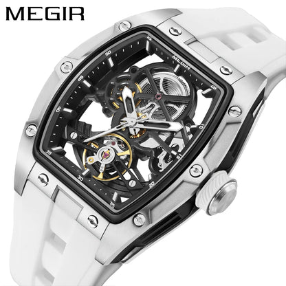 Reloj mecánico para hombre MEGIR, forma de barril, esfera esqueletizada calada, estilo deportivo, correa de silicona, reloj automático de lujo