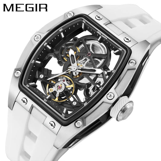 Montre mécanique pour homme MEGIR, forme tonneau, cadran squelette ajouré, style sportif, bracelet en silicone, montre automatique de luxe