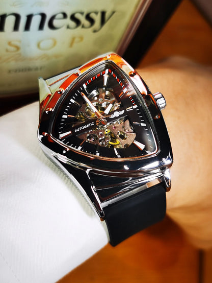 Reloj automático para hombre WINNER, diseño esqueleto triangular, agujas luminiscentes, correa de caucho, estilo militar, reloj mecánico de lujo
