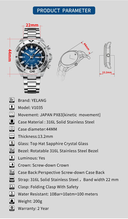 Yelang Watches V1035 44mm Men Diving Watch Human Kinetic Energy Watch 100m Waterproof Watches luminous Japan PX83 Sapphire