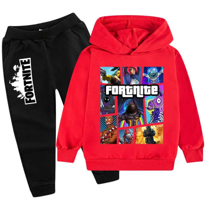 Fortnite-Game-Print-Kinderset, Hoodie im Cartoon-Stil, bequemer 2-teiliger Anzug mit lockerem Langarm-Oberteil und Hose, Herbst-/Winterkleidung